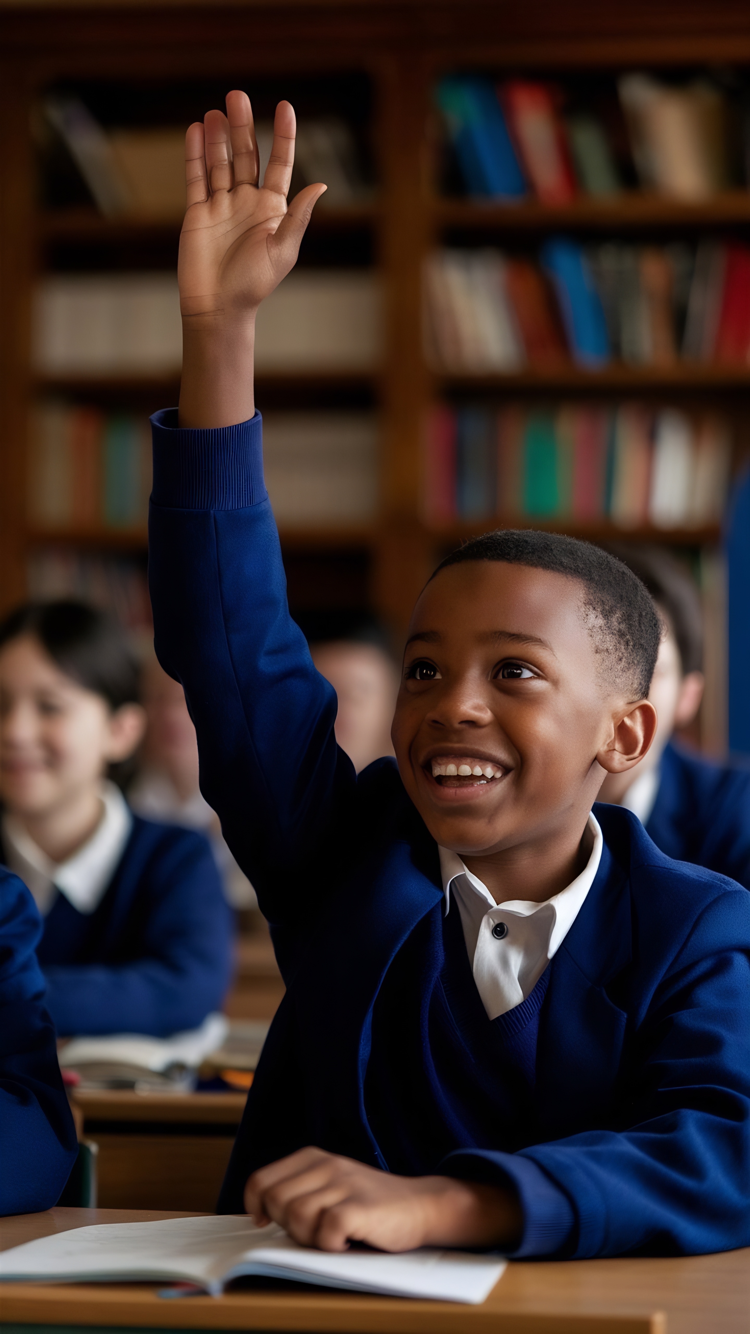 Engaged student raising hand in classroom