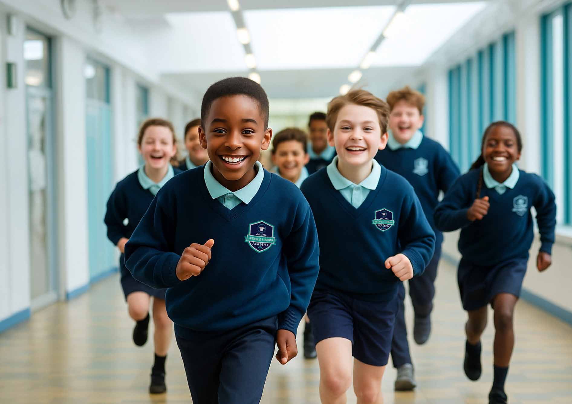 Happy students running in school hallway